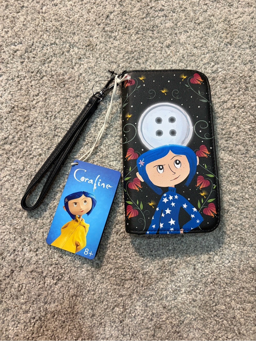 Loungefly Coraline Black Wristlet with Blue Artwork